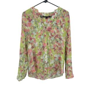 Sheer Floral Button Front Blouse M Green Pink Romantic Casual Feminine Garden